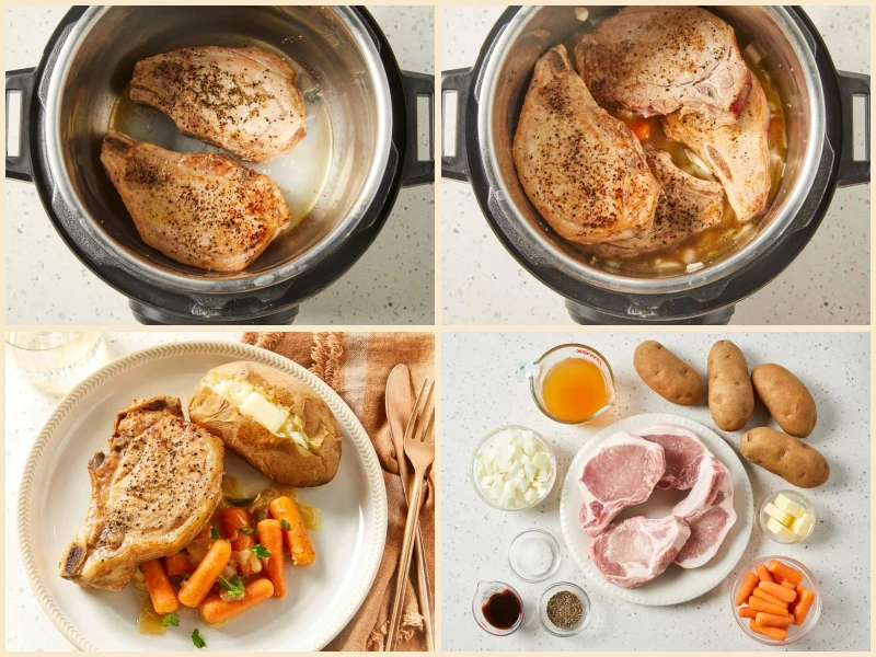 Pressure Cooker Bone-In Pork Chops, Baked Potatoes, and Carrots Recipe