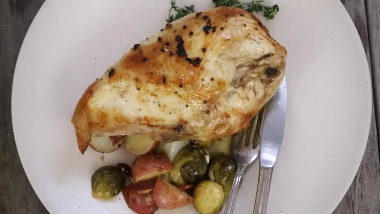 Pan-Roasted Chicken with Lemon-Garlic Brussels Sprouts and Potatoes Recipe
