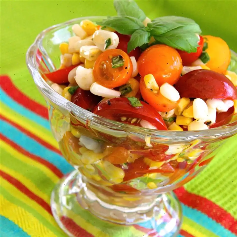 Tomato, Basil, and Corn Salad with Apple Cider Dressing Recipe