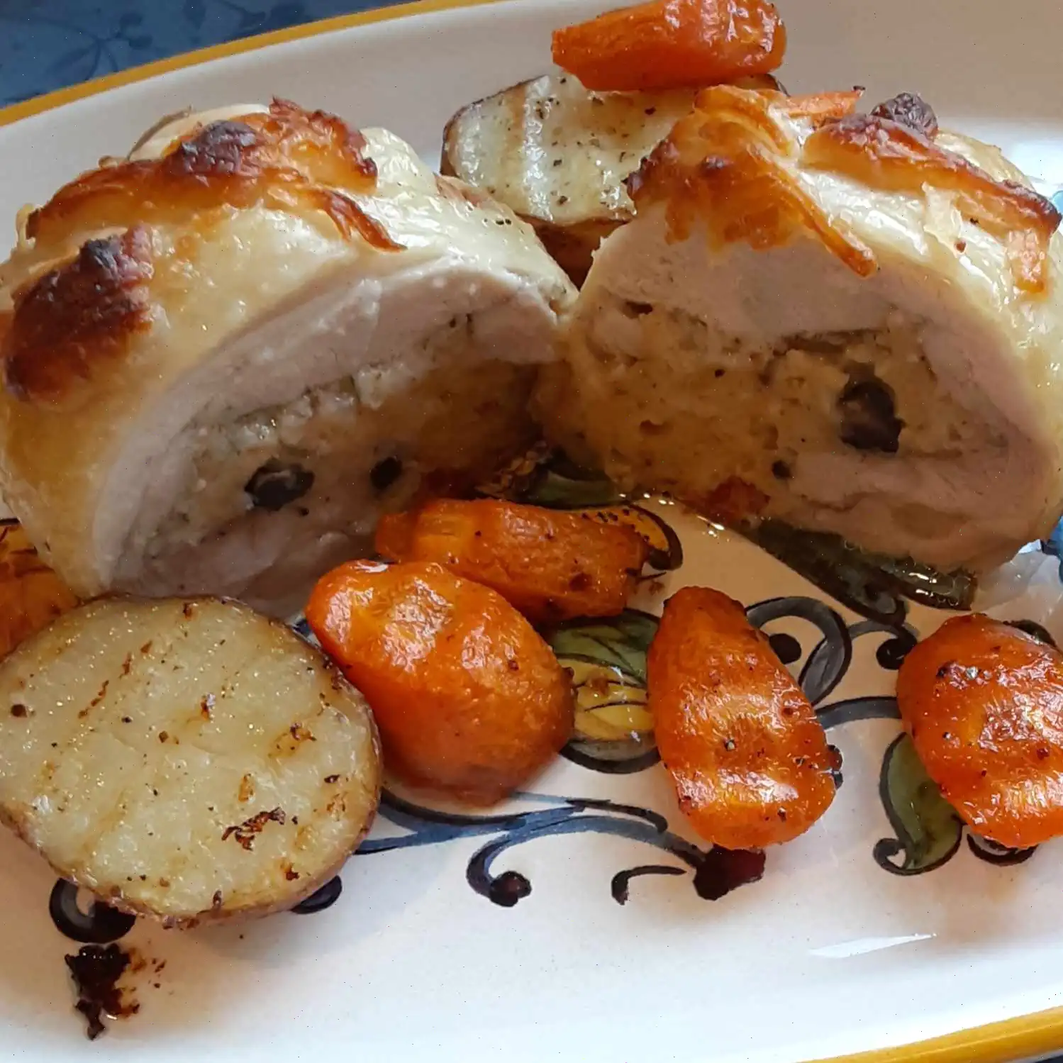 Stuffed Chicken Thighs with Roasted Potatoes and Carrots Recipe