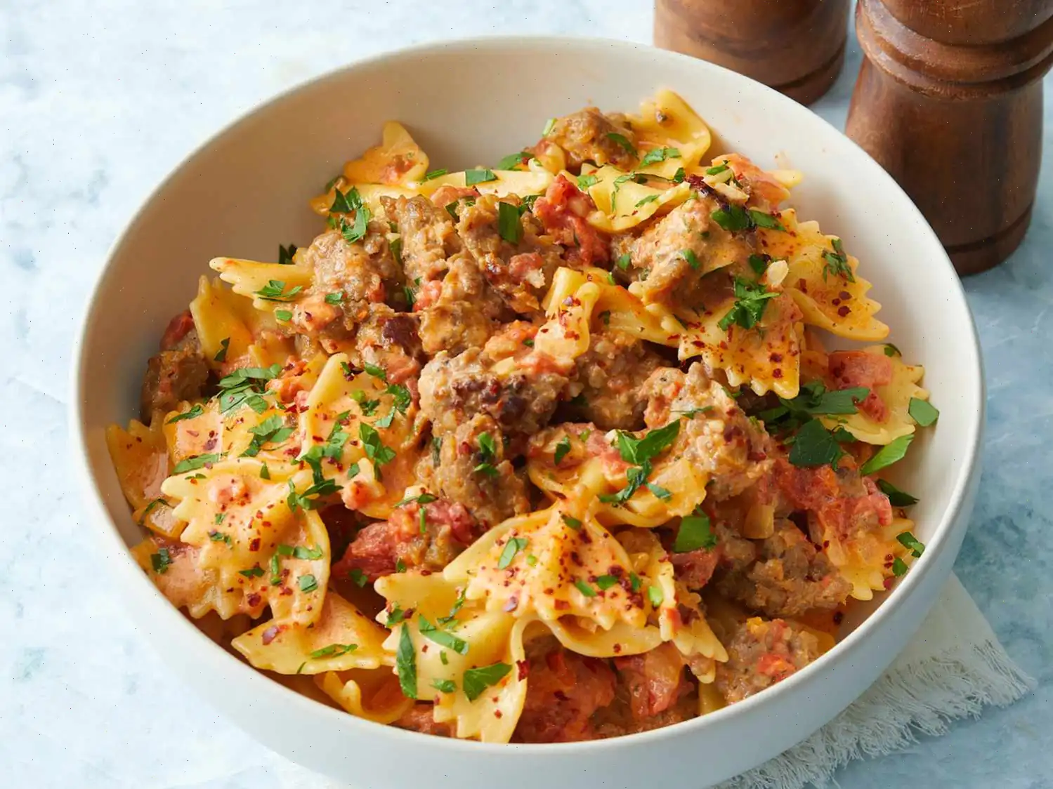 Bow Ties with Sausage, Tomatoes, and Cream Recipe