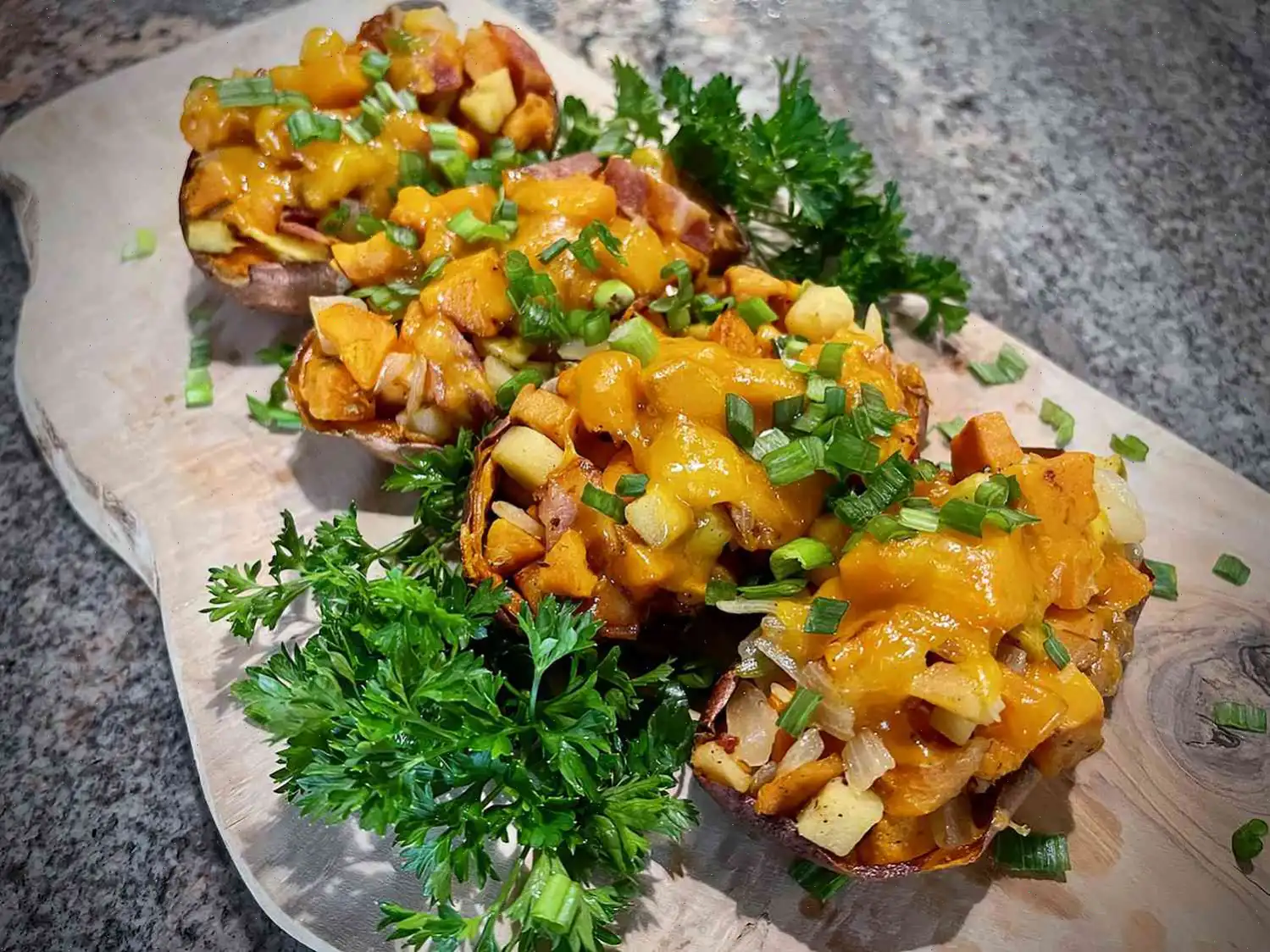 Sweet Potato Boats with Bacon, Apples, and Cheddar Recipe