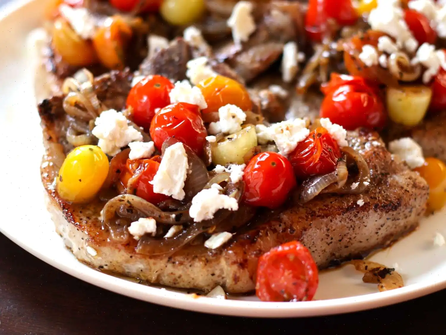 Pork Chops with Fresh Tomato, Onion, Garlic, and Feta Recipe