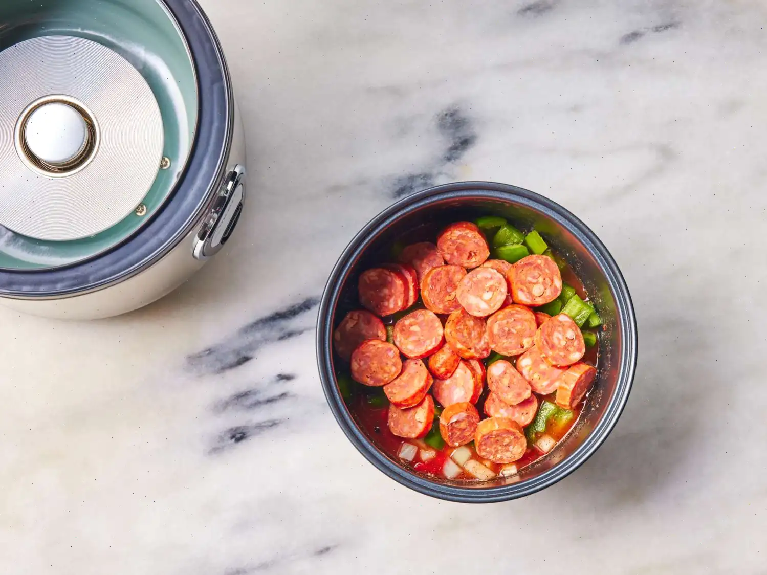 One Pot Rice Cooker Sausage and Peppers