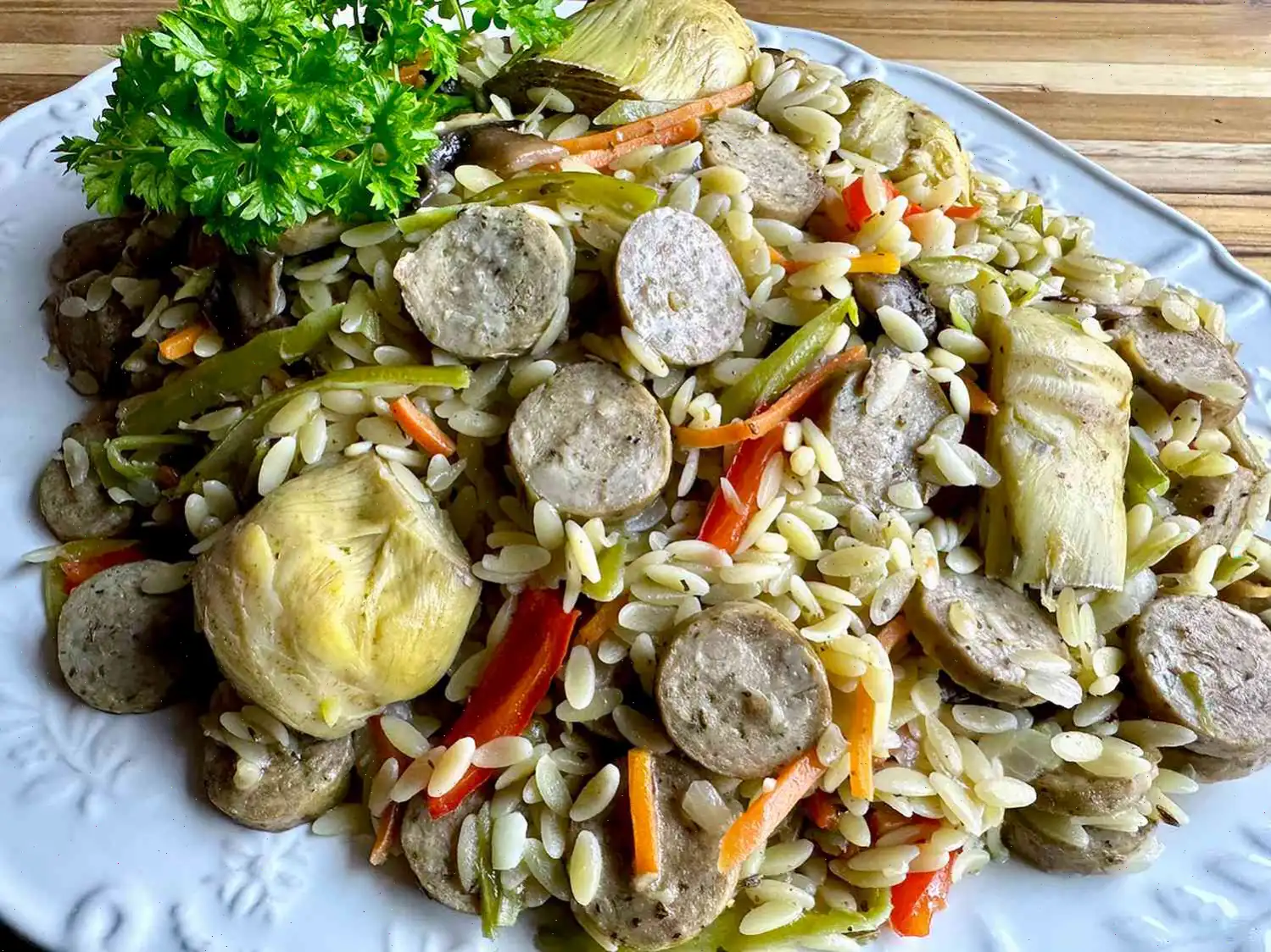 One Pan Chicken Sausage, Vegetables, and Orzo Recipe