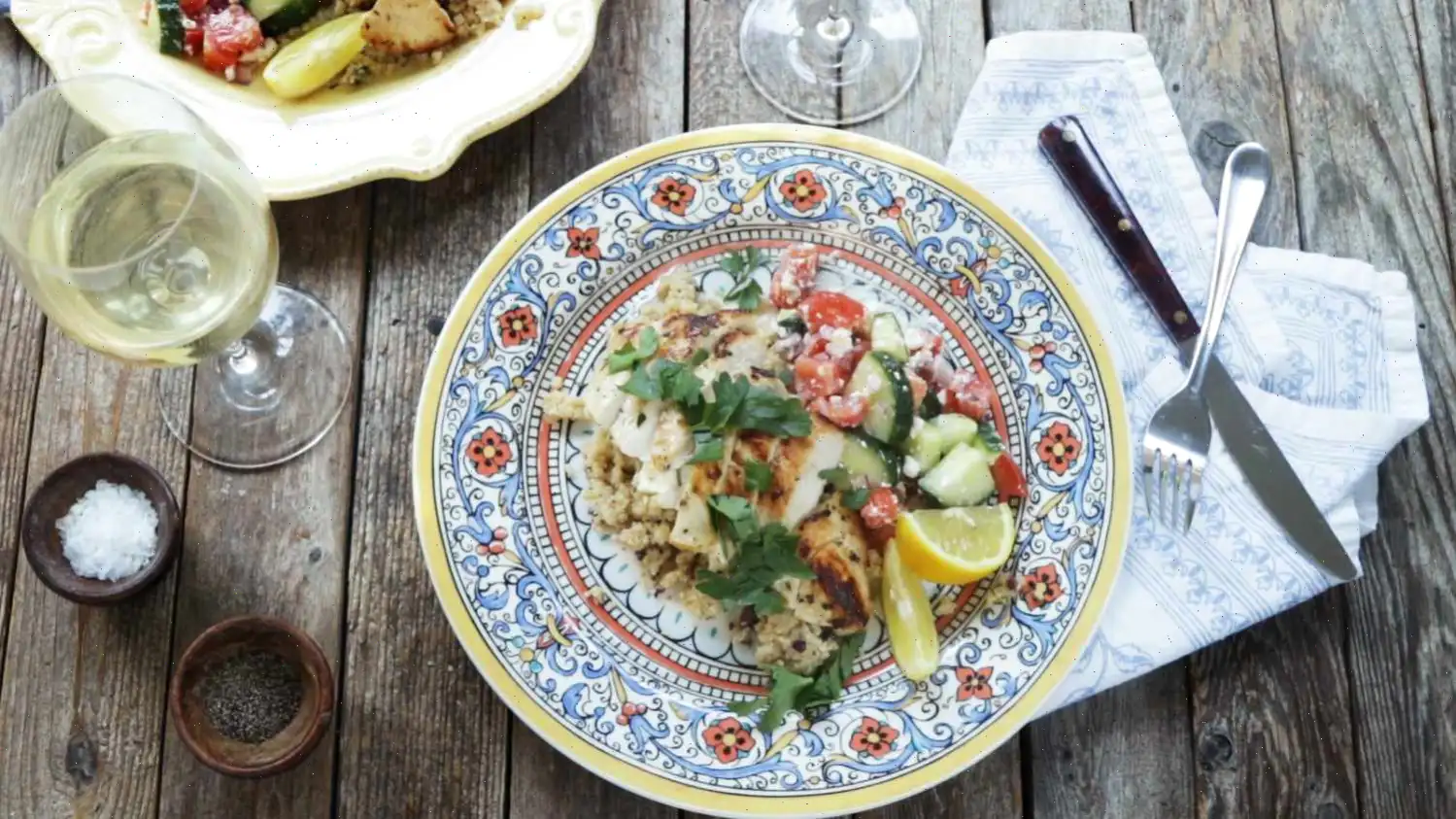 Lemon Herb Chicken with Couscous and Cucumber Salad Recipe