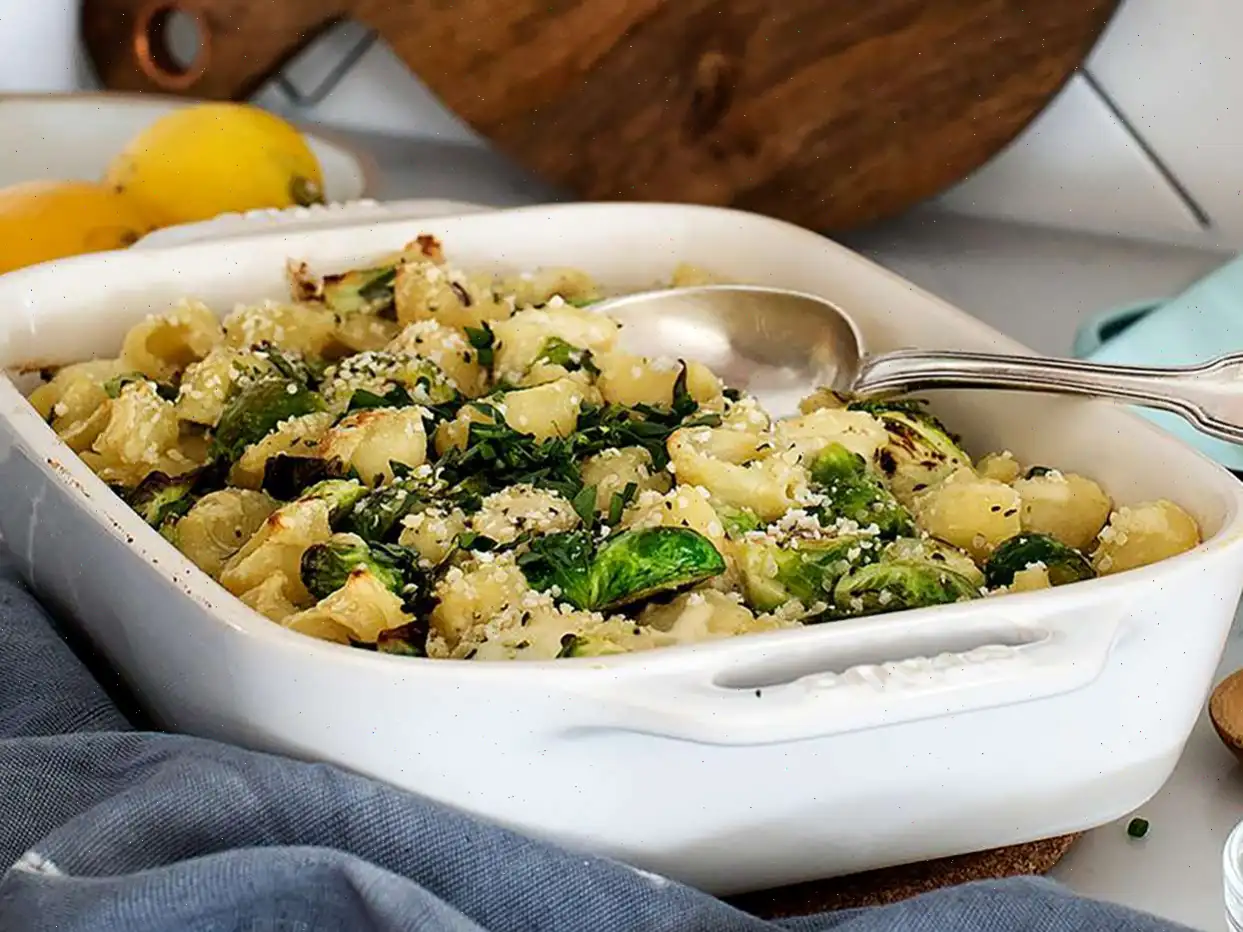 Creamy Vegan Baked Pasta with Brussels Sprouts