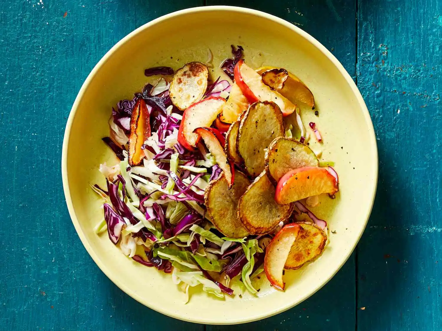Maple-Cider Slaw with Air-Fried Apples and Potatoes Recipe