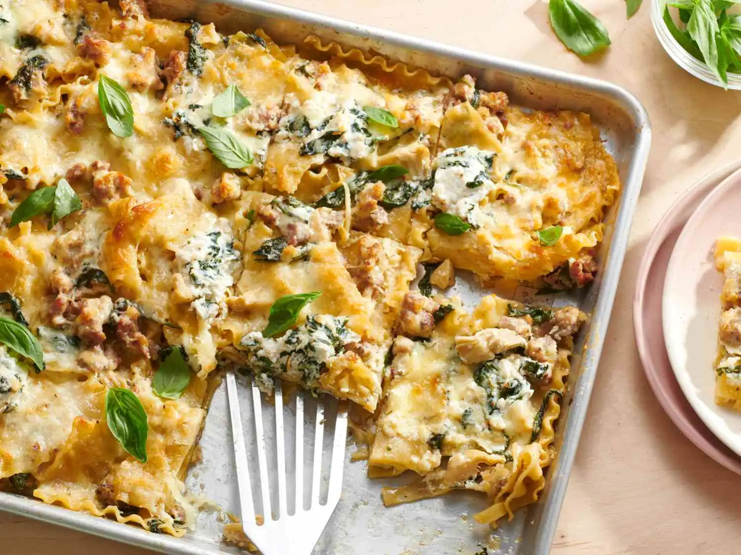 Spinach Artichoke Sausage Sheet Pan Lasagna Recipe