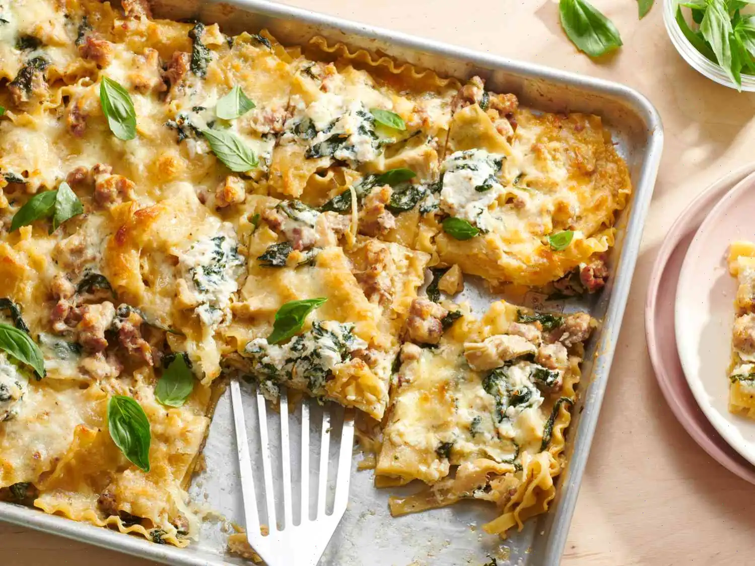 Spinach Artichoke Sausage Sheet Pan Lasagna Recipe