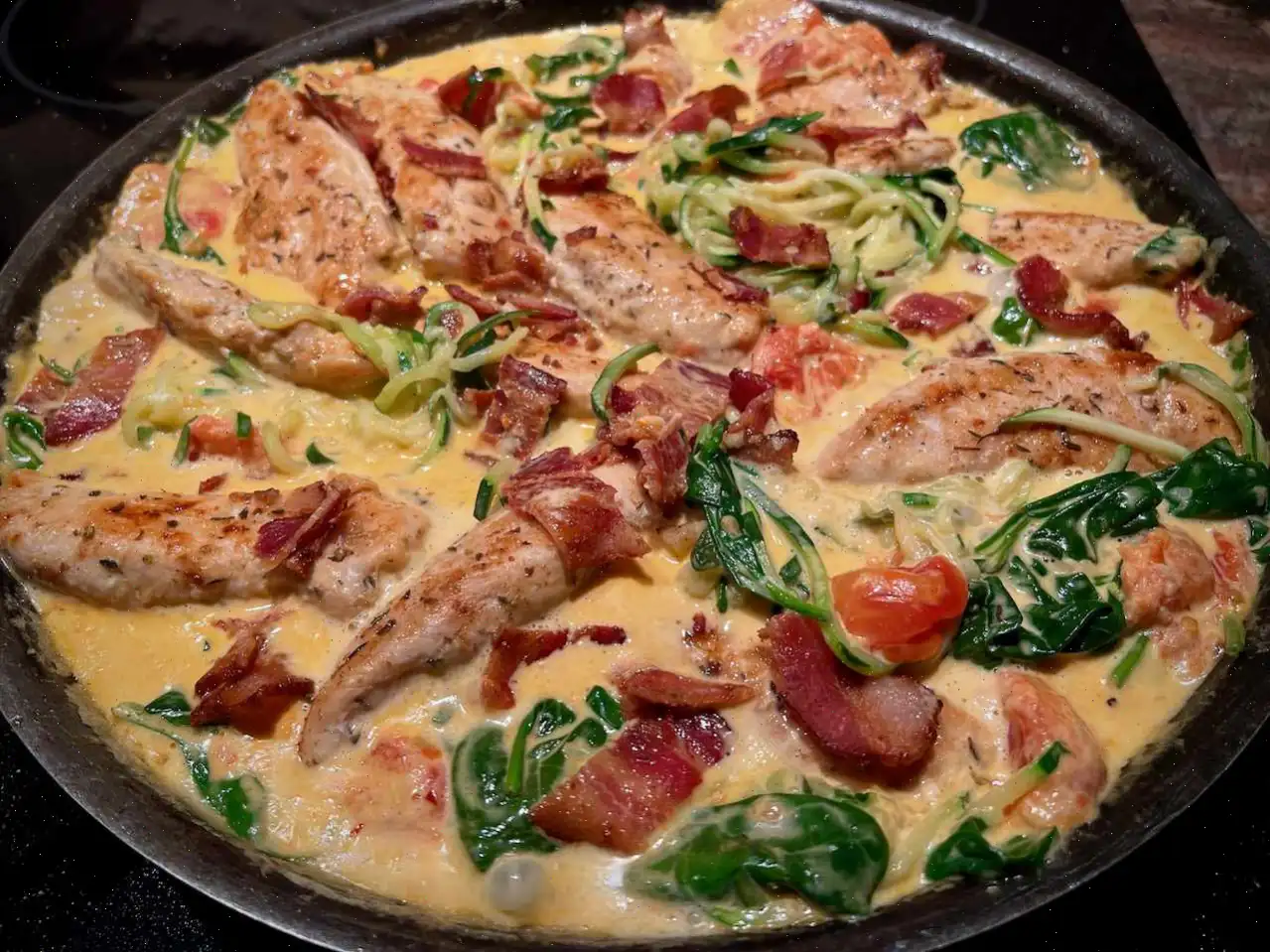 One-Pan Creamy Chicken and Bacon Zucchini Noodles Recipe