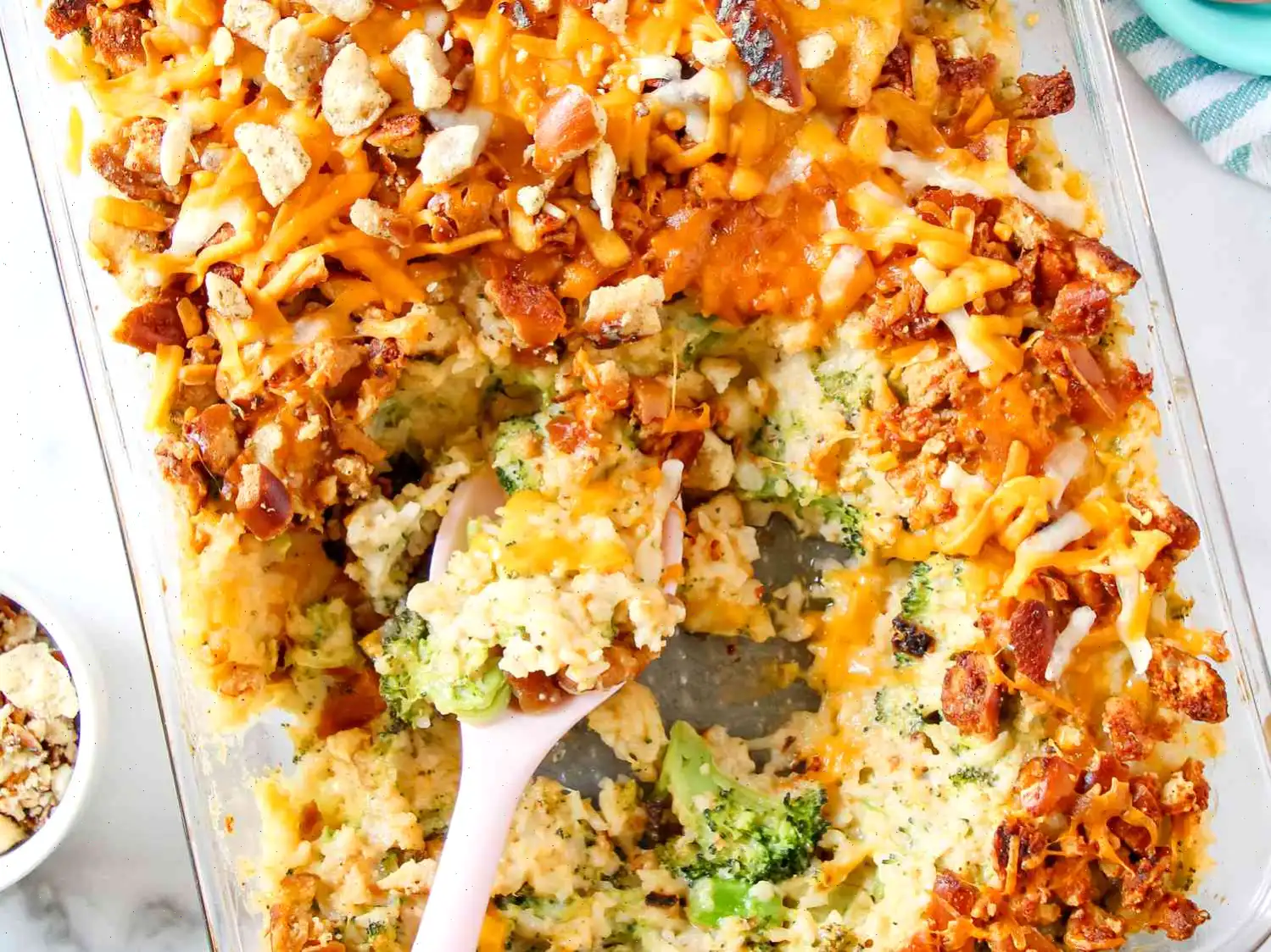 Broccoli and Cheese Rice Casserole With Garlic Pretzel Topping Recipe
